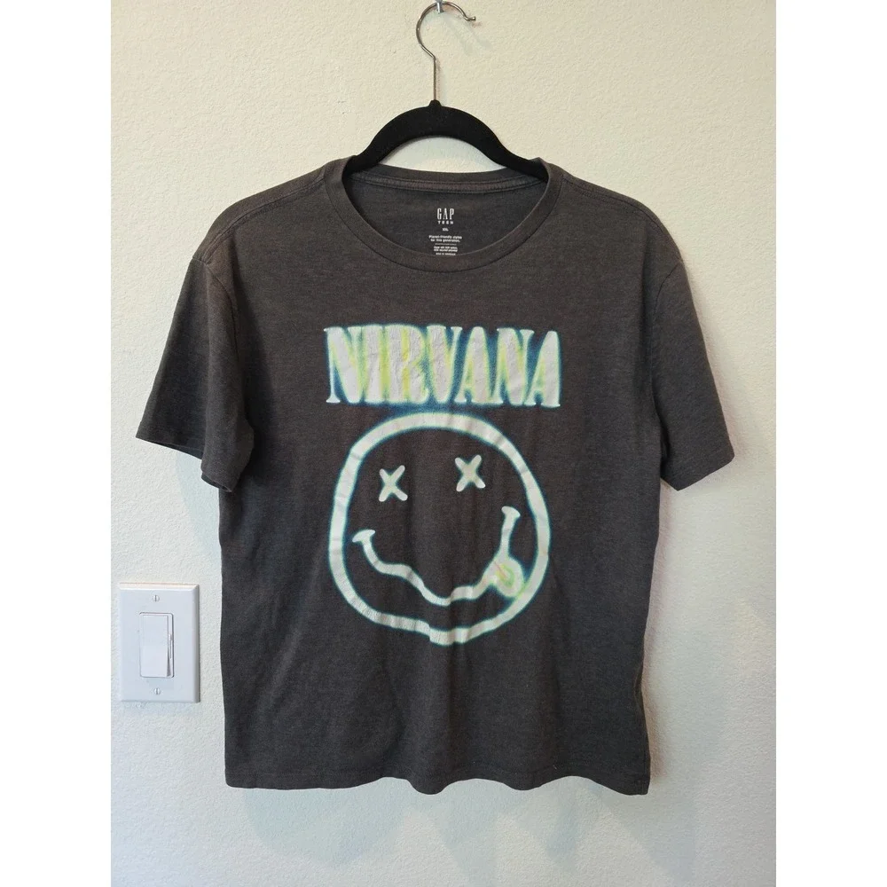 Gap Teen Unisex Nirvana Smiley Logo Grey Graphic Tee Tie‎ Dye Logo Sz XXL Boys
